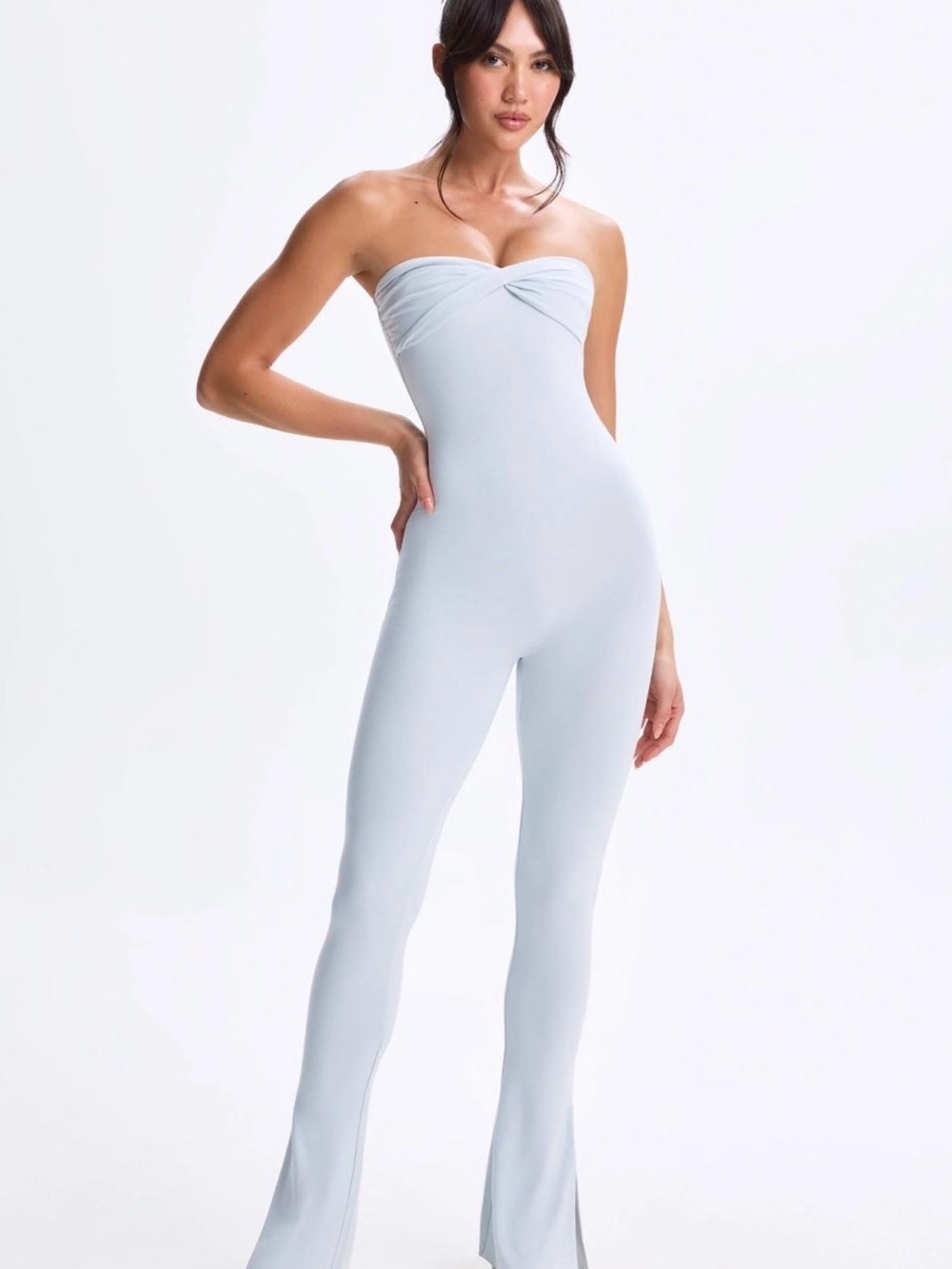 NWT 🛋️ Oh Polly | Twist-Front Split Hem Flared Jumpsuit in Dusty Blue (XXS) 🛋️